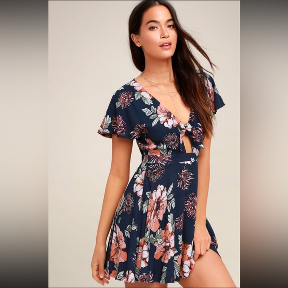 Lulus Navy Blue Floral Print Tie-Front Skater Dress - Picture 3 of 14